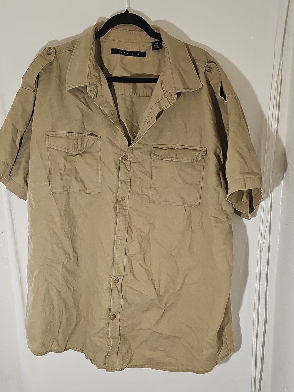 Sean John Men's Short-Sleeve Military Shirt in Khaki